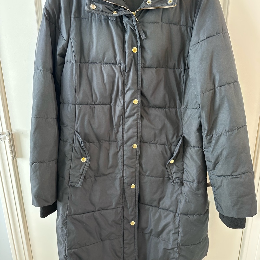 J. Crew Black Puffer Jacket with Gold Accents